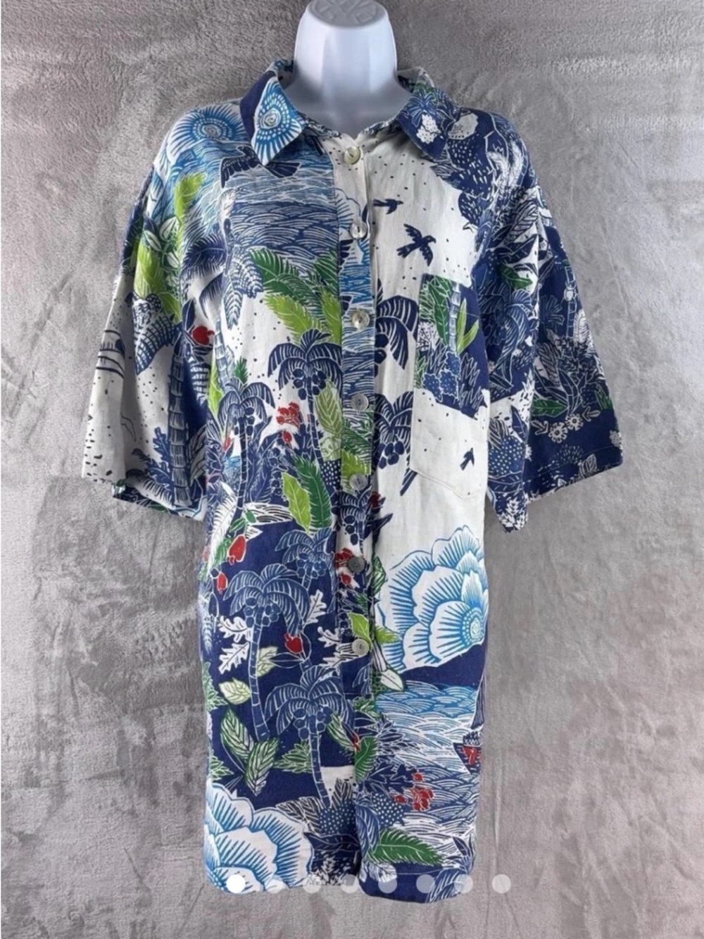 FARM Rio Blue White Green Linen Floral Tropical Playsuit Romper, Small